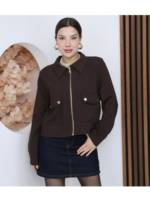 My Lunessa Zr Cepli Kısa Bomber Kahverengi Kumaş Ceket