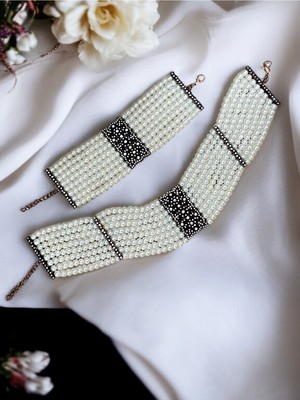 Fayra Accessories Antik Bronz Inci Tasma Kolye ve Inci Bileklik Seti