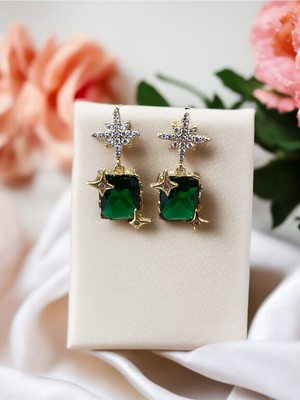 Fayra Accessories Zirkon Taşlı Kuzey Yıldızı Yeşil Kristal Taşlı Altın Kaplama Küpe