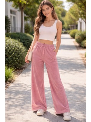 Fancy & Fun Kadın Yüksek Bel Oversize Beli Lastikli Arka Cepli 3 Iplik Kumaş Eşofman Altı