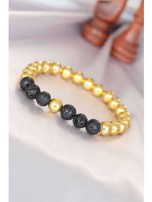 Ett Lav Doğal Taş Detaylı Hematit Gold Renk Erkek Bileklik