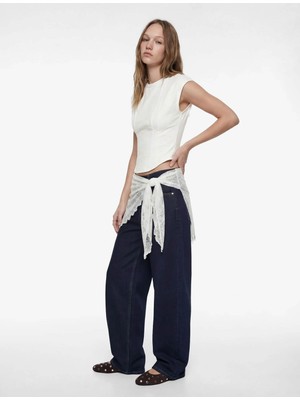 Koton Dikiş Detaylı Crop Ekru Kadın T-Shirt 6SAL10009IK