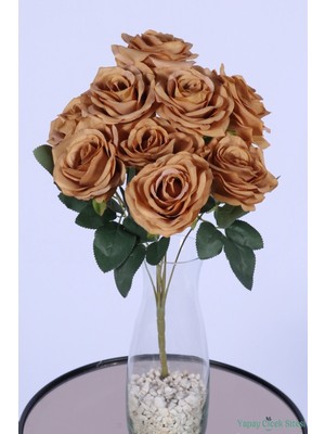 Yapay Çiçek Sitesi Gerçek Görünümlü Katmerli Yapay Gül Demeti Bakır 9 Dal
