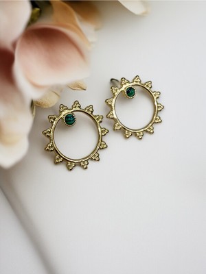 Fayra Accessories Yeşil Malahit Taşlı Güneş Figürlü 18 K Altın Kaplama Küpe