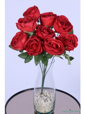 Yapay Çiçek Sitesi Gerçek Görünümlü Katmerli Yapay Gül Demeti Kırmızı 9 Dal