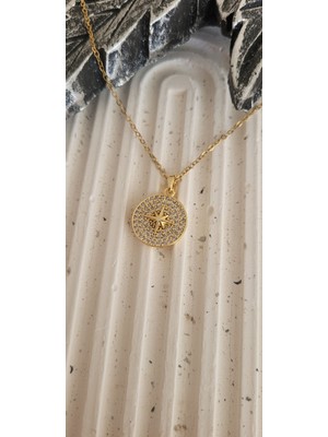 316L Paslanmaz Çelik Zirkon Taşlı Gold Kuzey Yıldızı Kolye
