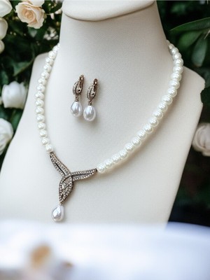 Fayra Accessories Zirkon Taşlı Mayorka Inci Tasarım Kolye ve Inci Küpe Seti