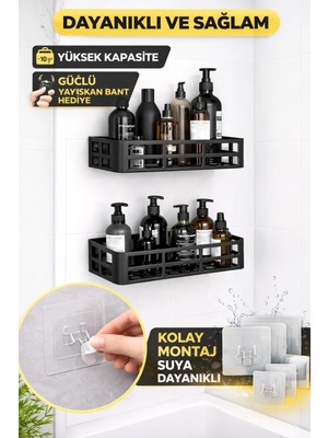 Aesco Duş Içi Yapışkanlı Banyo Rafı 2’li Set Delme Yok Güçlü Yapışkan Bantlı Organizer