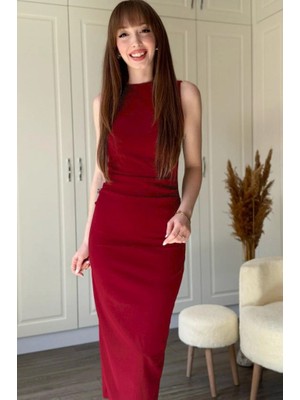 Yeşil Sarmaşık Kadın Sıfır Kol Sıfır Yaka Drape Detaylı Midi Janjan Krep Elbise