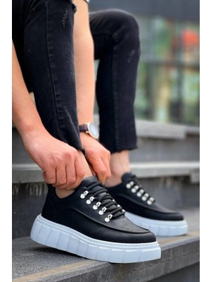 Uslucan Alışveriş KB-X10 Kuback Siyah Cilt  Beyaz Yüksek Taban Günlük Spor Ayakkabı