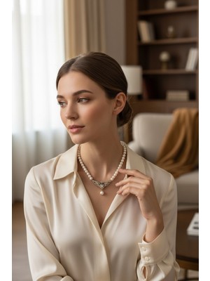 Fayra Accessories Zirkon Taşlı Kanat Figürlü Tek Sıra Inci Kolye