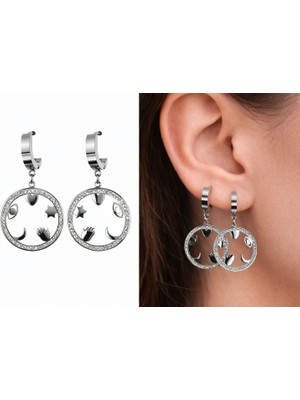 Stainless Steel Taşlı Figürlü Halka Küpe – Ay Yıldız Kalpli Modern Tasarım
