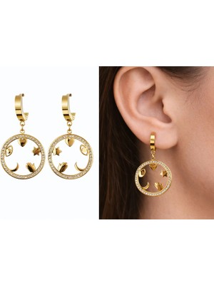 Stainless Steel Taşlı Figürlü Halka Küpe – Ay Yıldız Kalpli Modern Tasarım