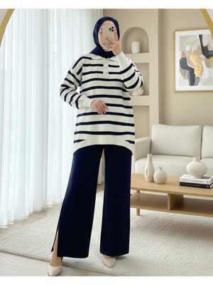 Modamorfo Polo Yaka Düğmeli Çizgili Triko Takım  -Laci