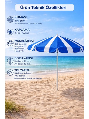 Branda Noktası 360 Derece Dönebilen Head Tilt Plaj Şemsiyesi 200 Gr/m² Polyester Oxford Kumaş