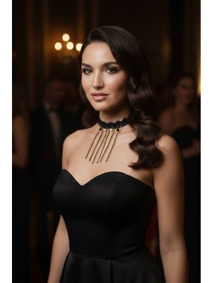 Çoklu Zincir Sarkıtlı Siyah Dantel Choker - Gold ve Siyah Zincir Detaylı Boyunluk - Dramatik Kolye