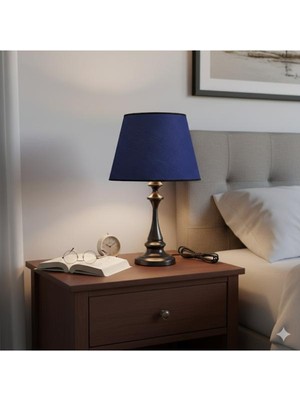 Dede Faro Abajur Siyah Metal Gövdeli Lacivert Abajur Şapkalı