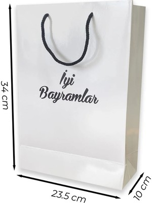 ABB Matbaa 10 Adet Beyaz İyi Bayramlar Karton İpli Çanta Kağıt Poşet (23.5X34X10)