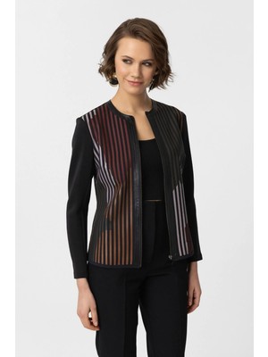 Deriderim Kırmızı Siyah Lona Tül Üzerine Deri Baskılı Kadın Hakiki Deri Ceket