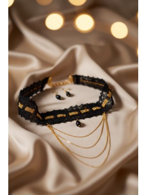 Gold Detaylı Dantel Choker ve Küpe Seti -Çoklu Zincir Sarkıtlı Boyunluk-Siyah Damla Taşlı Takı Seti