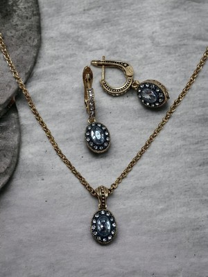 Fayra Accessories Zirkon Taşlı Oval Kesim Kolye ve Sallantılı Küpe Seti