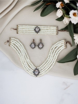 Fayra Accessories Baget Zirkon Taşlı Inci Kolye Küpe ve Bileklik Seti