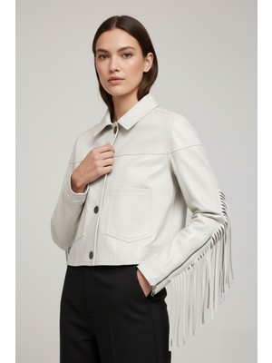 Hakiki Deri Püsküllü Kadın Ceket Beyaz Western Chic