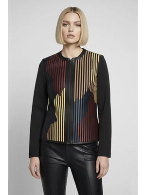 Deriderim Kırmızı Sarı Taba Lona Tül Üzerine Çizgili Deri Baskılı Kadın Hakiki Deri Ceket