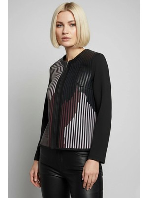 Deriderim Bordo Beyaz Siyah Lona Tül Üzerine Çizgili Deri Baskılı Kadın Hakiki Deri Ceket