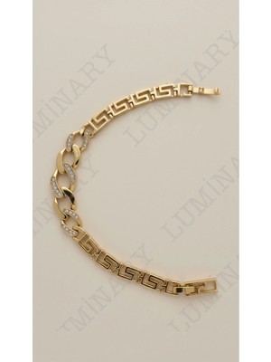 Luminary Atelier Kadın Gold Renk Paslanmaz Çelik Kalın Zincir Bileklik – Taşlı Halka & Geometrik Desenli