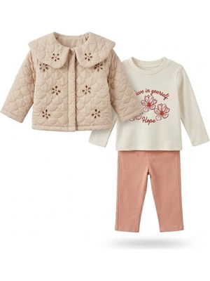Mikron %100 Pamuk Kız Bebek 3’lü Takım Kapitone Ceketli Çiçek Baskılı Sweatshirt ve Pantolon Bayramlık