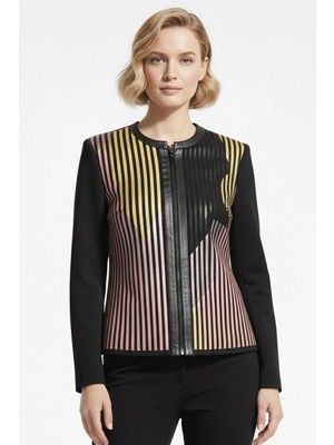 Deriderim Pembe Sarı Siyah Lona Tül Üzerine Deri Baskılı Kadın Hakiki Deri Ceket