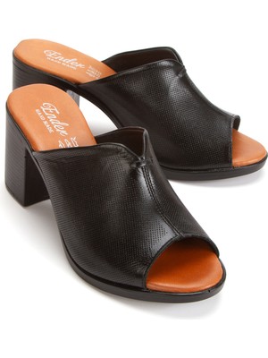 Ender Iç Dış Hakiki Deri Yumuşak Taban Topuklu Siyah Kadın Terlik