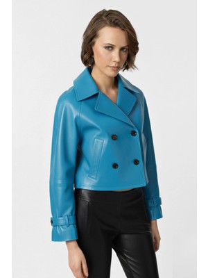 Deriderim Mavi Leila Kruvaze Düğmeli Kısa Trençkot Kadın Hakiki Deri Ceket