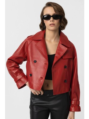 Deriderim Kırmızı Leila Kruvaze Düğmeli Kısa Trençkot Kadın Hakiki Deri Ceket