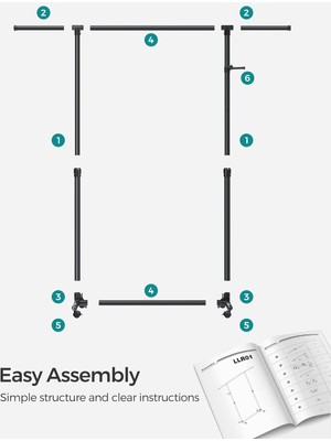 Songmics Songmıcs Tekerlekli Elbise Askısı, 97 ve 165 cm Arasında Yüksekliği Ayarlanabilir, Uzatılabilir Gardırop Askısı, Aksesuarlar Için Yan Kancalar, Siyah LLR001B01