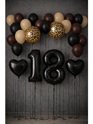 Leopar Konsept Doğum Günü Kahverengi Siyah Rakam Balonlu Mumlu Balon Seti