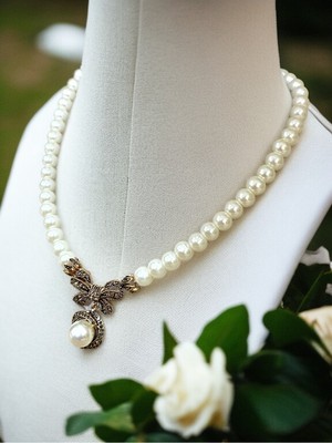 Fayra Accessories Zirkon Taşlı Sarmal Tek Sıra Inci Kolye