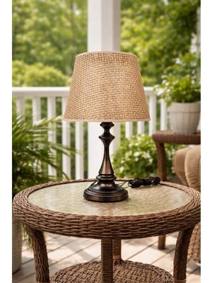 Dede Faro Abajur Siyah Metal Gövdeli Rattan Kahverengi Şapkalı