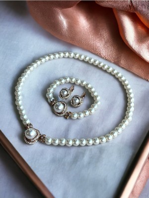 Fayra Accessories Zirkon Taşlı Sarmal Inci Kolye , Inci Küpe ve Inci Bileklik Seti