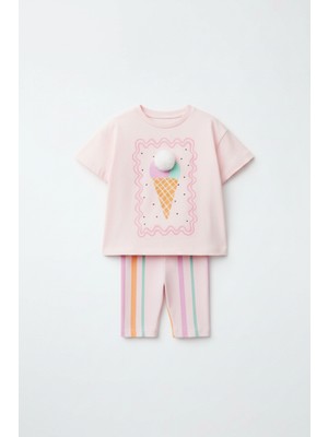 Magu Kız Çocuk Pamuklu Pembe Dondurma Desenli T-Shirt ve Çizgili Tayt Takım