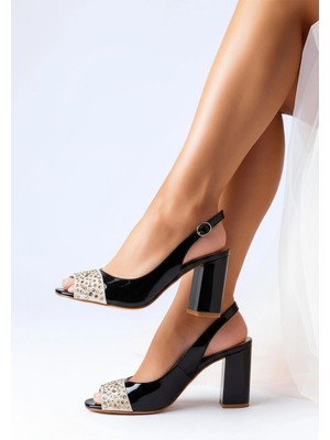 Deriderim Glam Taşlı Siyah Rugan Topuklu Ayakkabı