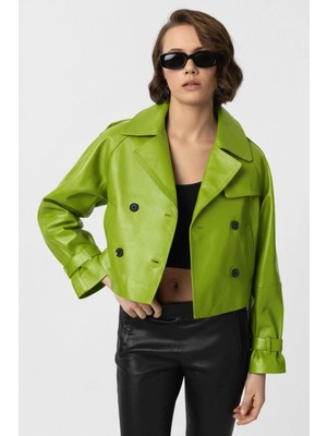 Deriderim Fıstık Yeşil Leila Kruvaze Düğmeli Kısa Trençkot Kadın Hakiki Deri Ceket
