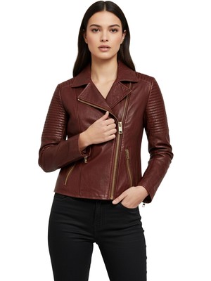 Deriderim Agnes Bordo Kadın Biker Hakiki Deri Mont
