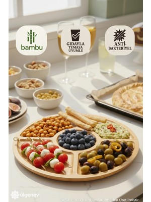 Ülgenev Lüks 5 Bölmeli Bambu Kahvaltı ve Çerez Sunum Tabağı - Yuvarlak Doğal Ahşap Sunumluk Tahta