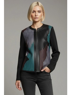 Deriderim Mavi Bordo Siyah Lona Tül Üzerine Çizgili Deri Baskılı Kadın Hakiki Deri Ceket