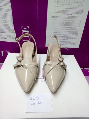 Nude Çift Bantlı Toka Detaylı Krem Rugan Kadın Topuklu Ayakkabı