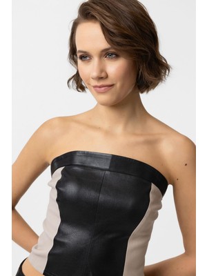 Deriderim Siyah Bej Terra Sırtı Fermuarlı Kısa Hakiki Deri Büstiyer