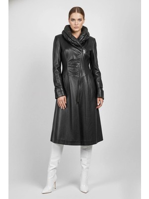 Deriderim Siyah Matilda Büzgülü Yaka Fermuarlı Ince Hakiki Deri Uzun Kadın Kaban