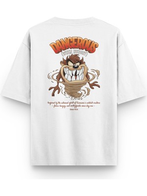 Overoz Tazmanian Devil Tazmanya Canavarı Sırt Baskılı Yarı Oversize Unisex Beyaz Tshirt 1392